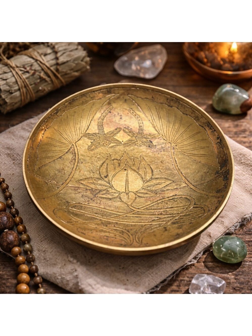 VINTAGE Hand-Engraved Brass Lotus & Dragonfly Bowl w/ Textured Rim • Altar Dish